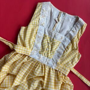 Vintage 60s 70s Yellow & White Gingham Lace Sleeveless Midi Dress